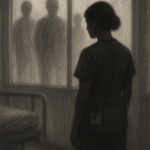 A grayscale image of a nurse standing in silhouette, gazing out a hospital window. In the shadowy corridor behind her, faint figures loom, evoking a feeling of being watched or policed.