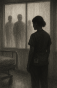 A grayscale image of a nurse standing in silhouette, gazing out a hospital window. In the shadowy corridor behind her, faint figures loom, evoking a feeling of being watched or policed.