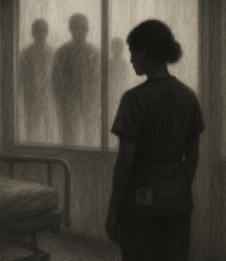 A grayscale image of a nurse standing in silhouette, gazing out a hospital window. In the shadowy corridor behind her, faint figures loom, evoking a feeling of being watched or policed.