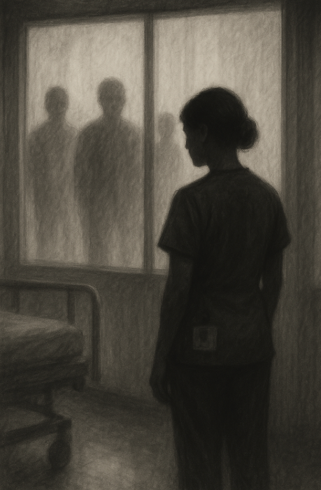 A grayscale image of a nurse standing in silhouette, gazing out a hospital window. In the shadowy corridor behind her, faint figures loom, evoking a feeling of being watched or policed.