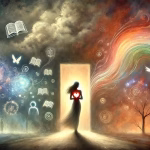 A woman holding a heart in a doorway with books, rainbows and a desolate backdrop