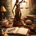 A bronze Lady Justice statue on a desk surrounded by books, an open notebook, a coffee cup, and a sculpted brain, lit by warm daylight, suggesting reflection, ethics, and careful judgment.