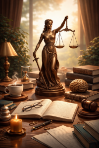 A bronze Lady Justice statue on a desk surrounded by books, an open notebook, a coffee cup, and a sculpted brain, lit by warm daylight, suggesting reflection, ethics, and careful judgment.