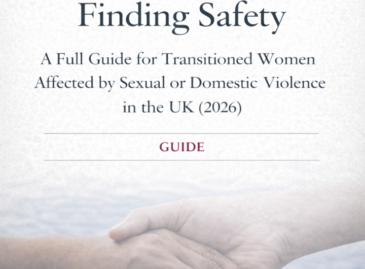 Cover image for “Finding Safety”: the word “Transiness” with a heart symbol above the title “Finding Safety – A Full Guide for Transitioned Women Affected by Sexual or Domestic Violence in the UK (2026)”, set above an image of two hands gently holding each other