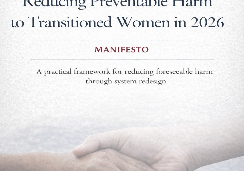 Cover page of a report titled “Reducing Preventable Harm to Transitioned Women in 2026.” The Transiness logo appears at the top, with a purple heart forming the dot of the letter “i.” Below, the title is set in clear serif text above the word “Manifesto.” A subtitle reads: “A practical framework for reducing foreseeable harm through system redesign.” At the bottom of the page, a soft, monochrome image shows two hands of different skin tones resting gently together, symbolising care and protection.