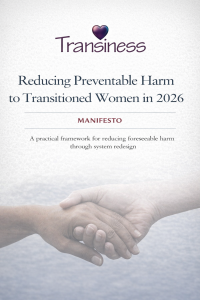 Cover page of a report titled “Reducing Preventable Harm to Transitioned Women in 2026.” The Transiness logo appears at the top, with a purple heart forming the dot of the letter “i.” Below, the title is set in clear serif text above the word “Manifesto.” A subtitle reads: “A practical framework for reducing foreseeable harm through system redesign.” At the bottom of the page, a soft, monochrome image shows two hands of different skin tones resting gently together, symbolising care and protection.