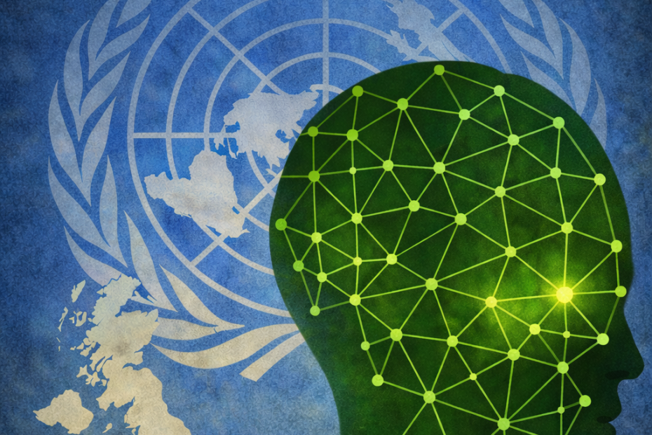 Green network-patterned human head silhouette against a blue background featuring the United Nations emblem and a faded map of the United Kingdom, titled “Reflections on the UN Joint Statement of 27 February 2026 – Transiness Research Project.”