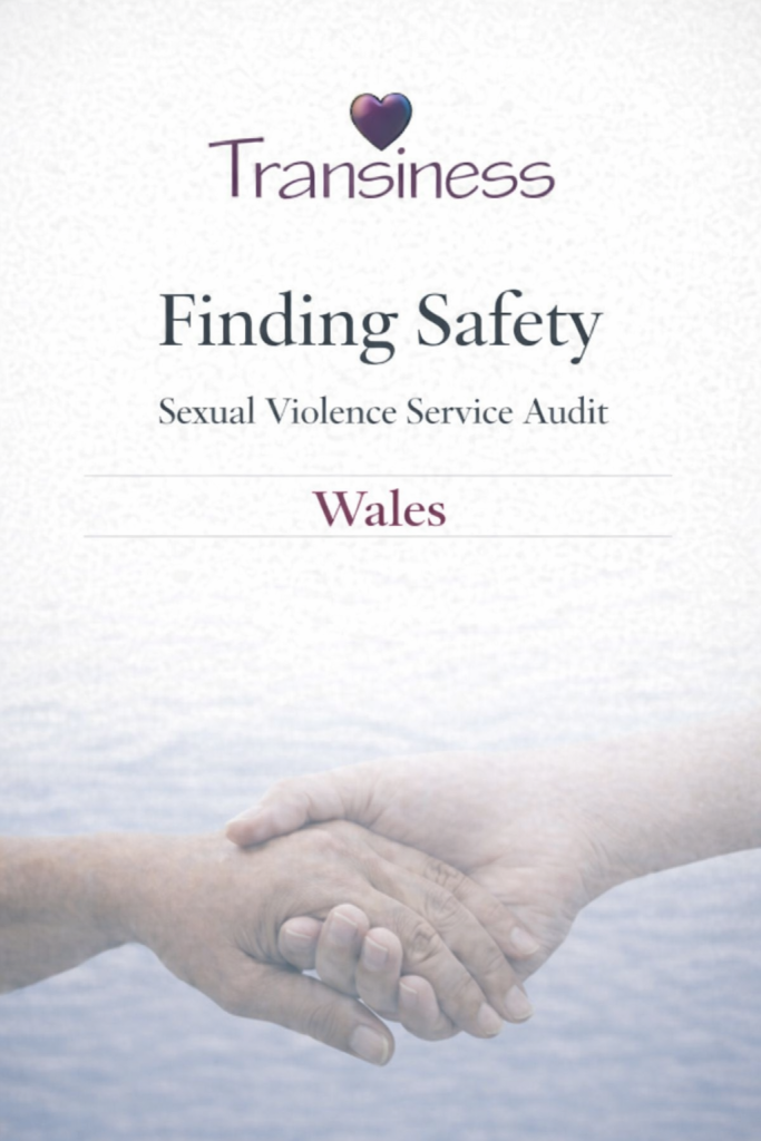Transiness Finding Safety cover for Sexual Violence Service Audit Wales, with a heart icon and two hands holding over a calm water background