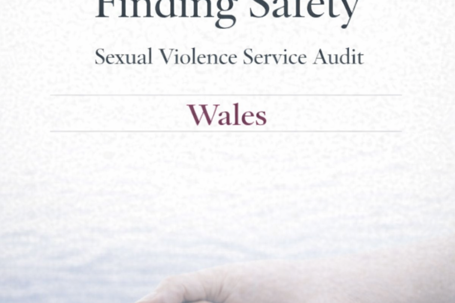Transiness Finding Safety cover for Sexual Violence Service Audit Wales, with a heart icon and two hands holding over a calm water background