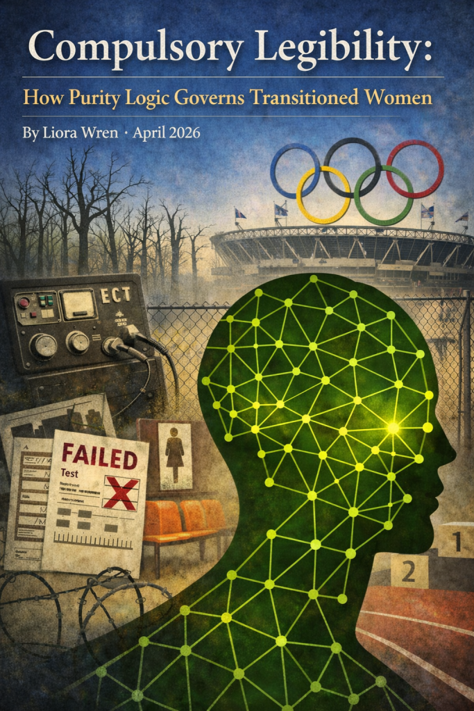 Illustrated cover for “Compulsory Legibility: How Purity Logic Governs Transitioned Women” by Liora Wren, showing a green networked female silhouette beside an ECT machine, failed classification papers, dead trees, fencing, and an Olympic stadium.