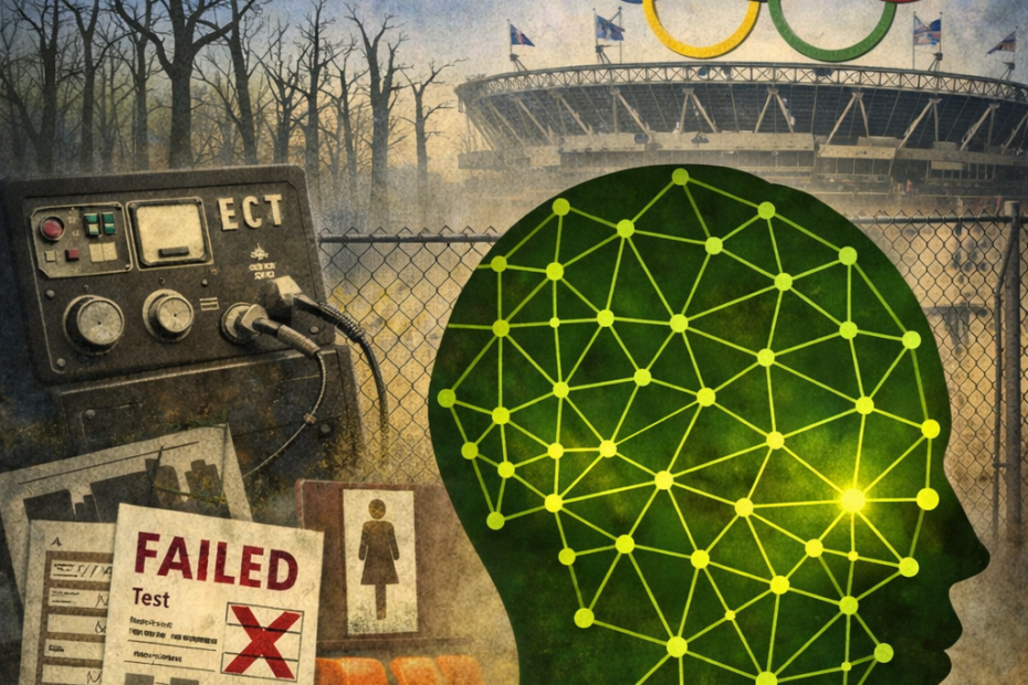 Illustrated cover for “Compulsory Legibility: How Purity Logic Governs Transitioned Women” by Liora Wren, showing a green networked female silhouette beside an ECT machine, failed classification papers, dead trees, fencing, and an Olympic stadium.
