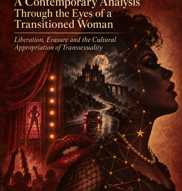 Vintage-style editorial cover for The Rocky Horror Picture Show: A Contemporary Analysis Through the Eyes of a Transitioned Woman, featuring a glamorous woman’s profile, gothic castle, red lips, stage imagery and theatrical burgundy tones.