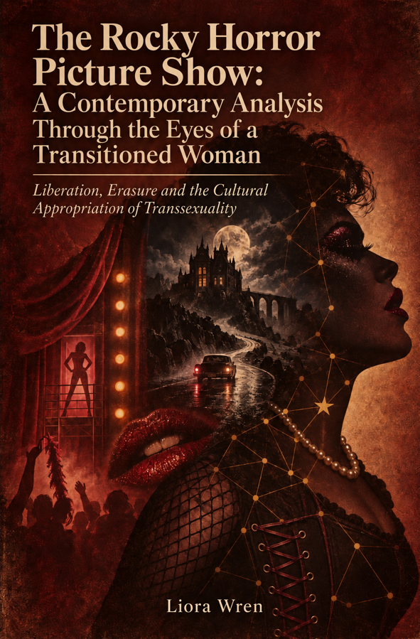 Vintage-style editorial cover for The Rocky Horror Picture Show: A Contemporary Analysis Through the Eyes of a Transitioned Woman, featuring a glamorous woman’s profile, gothic castle, red lips, stage imagery and theatrical burgundy tones.